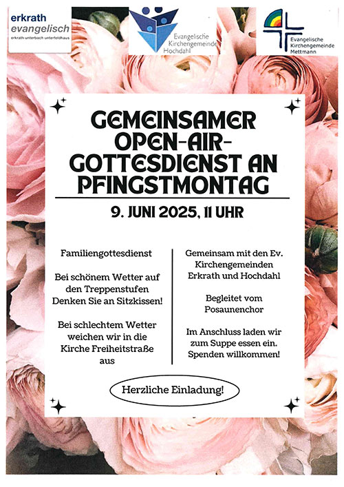 Am Pfingstmontag, dem 9. Juni 2025, um 11 Uhr laden wir Sie herzlich zu einem ganz besonderen Open-Air-Familiengottesdienst ein!