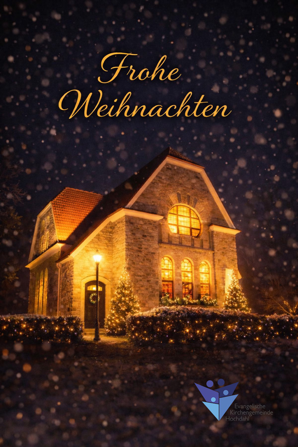 Festlich beleuchtete Neanderkirche in Hochdahl bei Nacht, mit warmem Licht an Fassade und Turm vor dunklem Himmel.