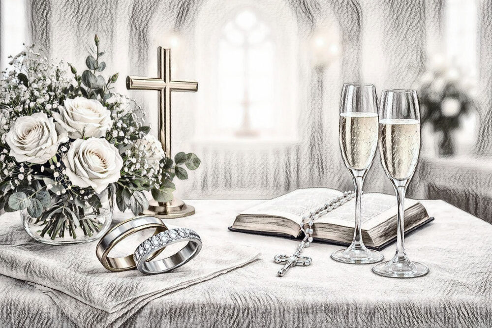 Eine stimmungsvolle, in Weiß- und Silbertönen gehaltene Illustration zeigt eine festlich gedeckte Tischdekoration zur kirchlichen Trauung. Im Vordergrund liegen zwei ineinandergesteckte Eheringe, einer davon mit Diamantbesatz. Daneben liegt ein weißes Stofftuch. Links steht ein Blumenstrauß aus weißen Rosen und Eukalyptuszweigen in einer Vase. In der Mitte liegt eine aufgeschlagene Bibel, auf der ein Kreuz-Anhänger mit Kette ruht. Rechts daneben stehen zwei gefüllte Sektgläser. Im Hintergrund ist ein Standkreuz zu sehen, und durch ein großes Bogenfenster fällt helles Licht in den Kirchenraum. Die gesamte Darstellung wirkt wie eine fein schraffierte Bleistiftzeichnung mit zarten, hellen Grautönen.