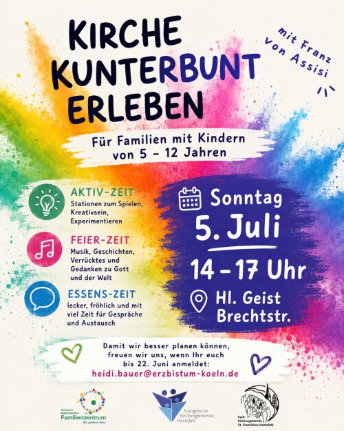 Bunte Grafik zur Veranstaltung Kirche Kunterbunt erleben für Familien mit Kindern von 5 bis 12 Jahren.