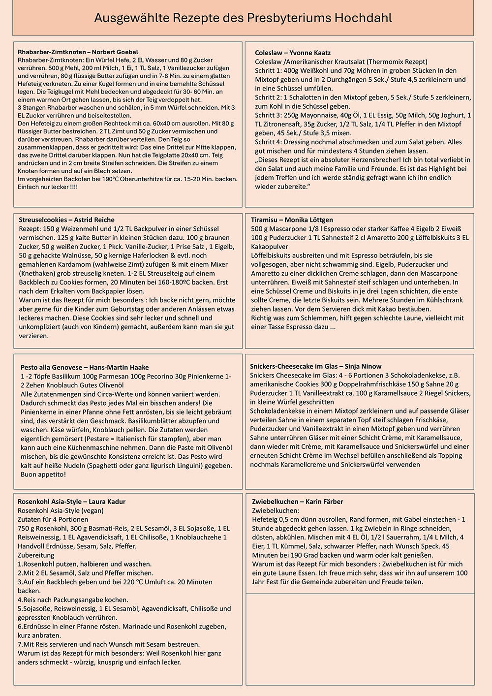 Plakat mit ausgewählten Rezepten des Presbyteriums Hochdahl zur 100-Jahr-Feier der Evangelischen Kirchengemeinde Hochdahl